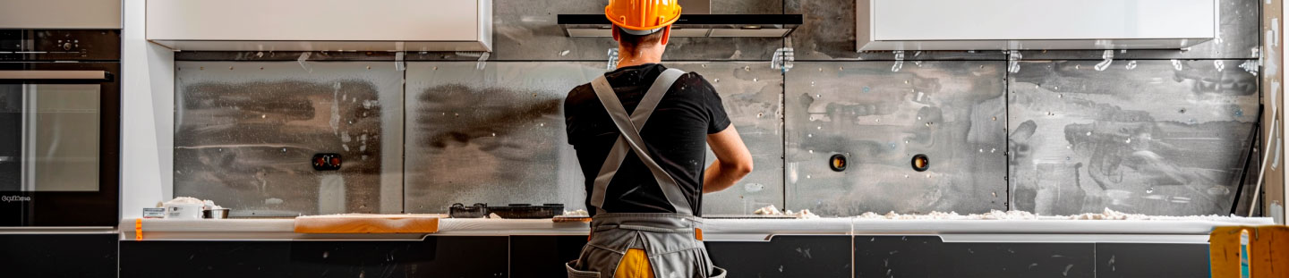 Ein Handwerker mit Helm steht vor einer unfertigen Küchenzeile und arbeitet an der Installation.